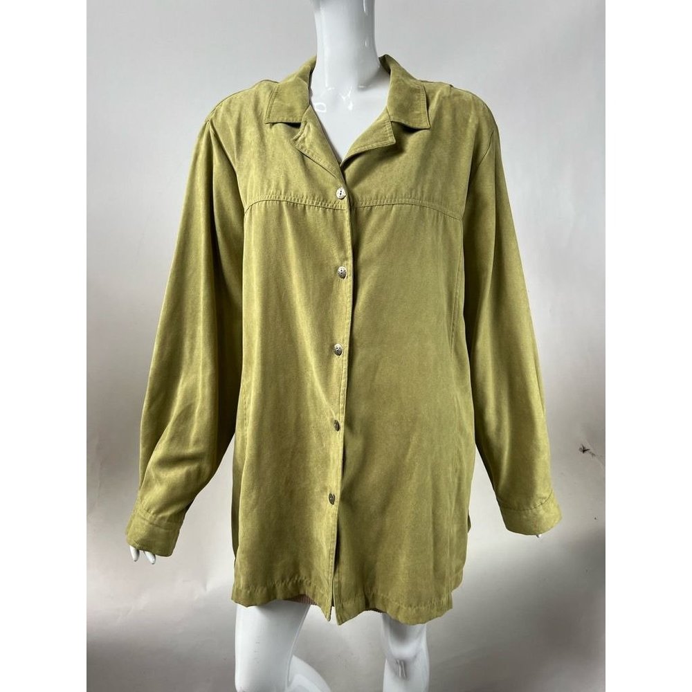ELCC Womens Button Up Shirt Green Long Sleeve Collar Suede Like Plus 2X